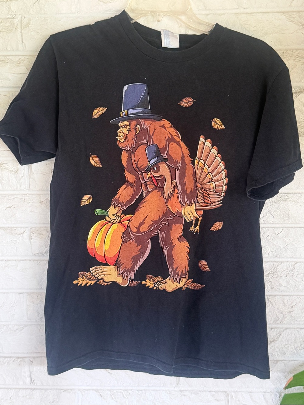 Port and Company Black Tee with Sasquatch & Turkey Thanksgiving Graphic